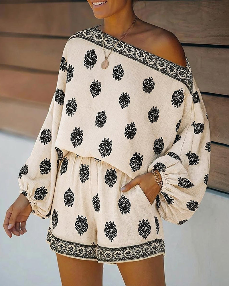 Women's 2 Pieces Outfit Boho Top and Shorts Set