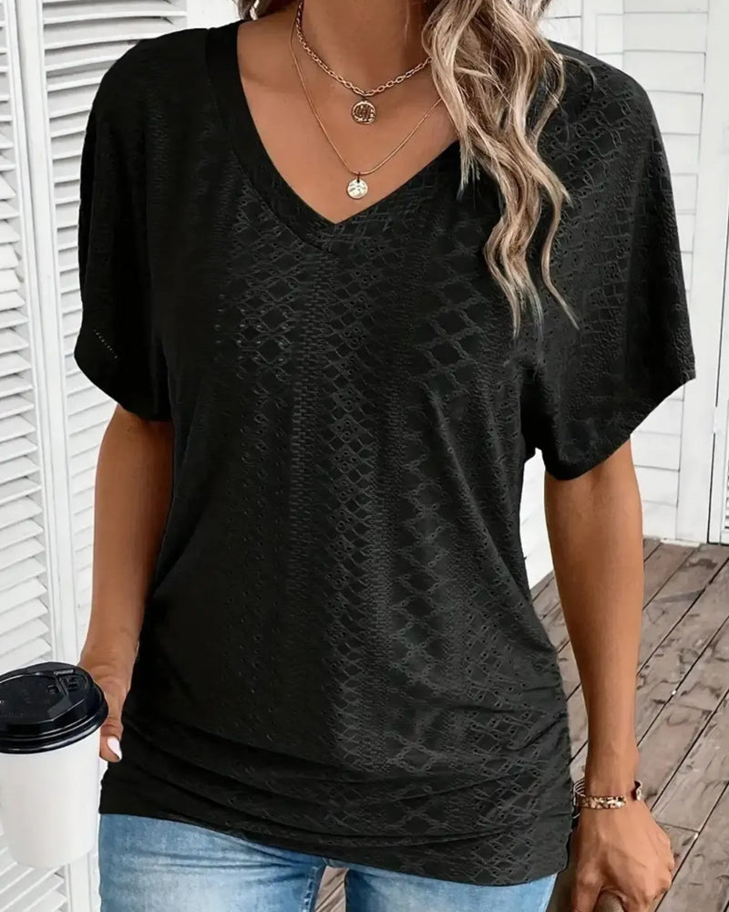 V-Neck Hollow Out Layered Patchwork T-Shirt