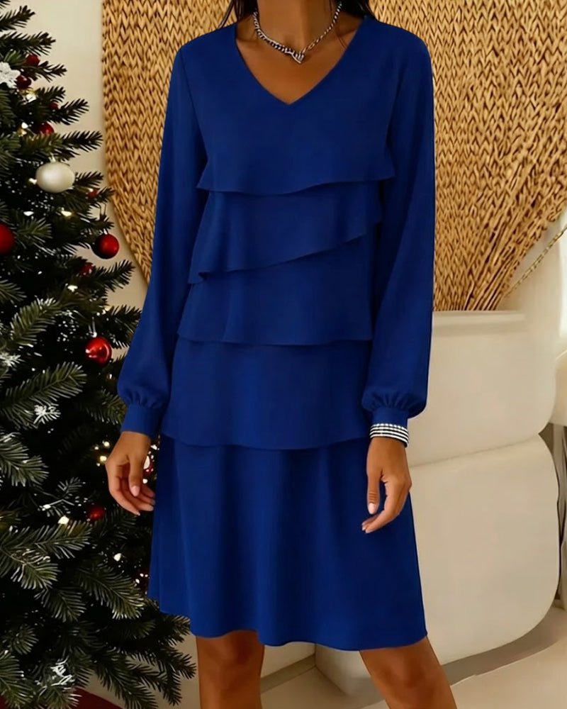 V-Neck Long Sleeve Tier Layer Dress