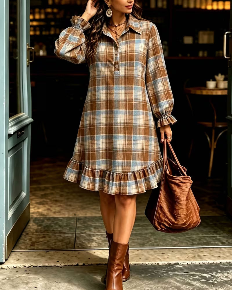 Lapel Button Plaid Dress