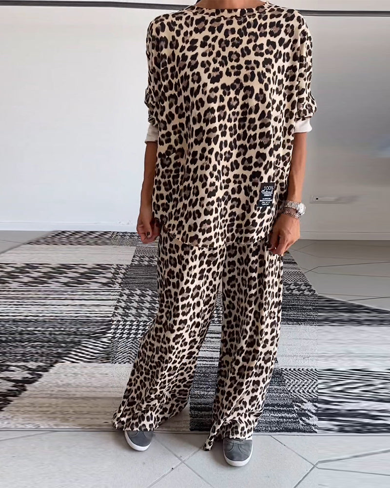 Casual leopard print crew neck pocket top wide leg pants set