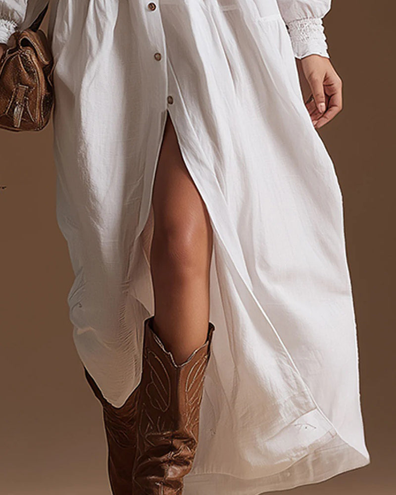 Solid Long Sleeve Slit Slip Dress