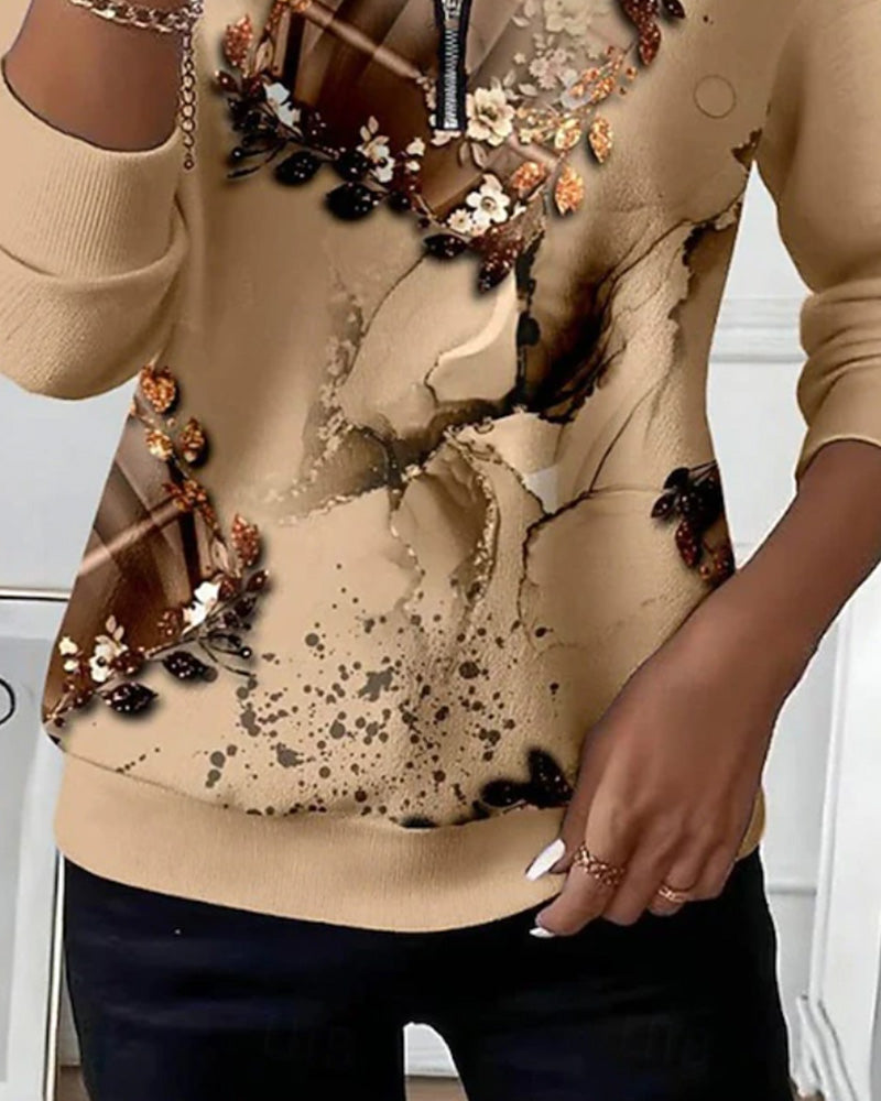 Zipper Printed Long Sleeve Sweatshirt