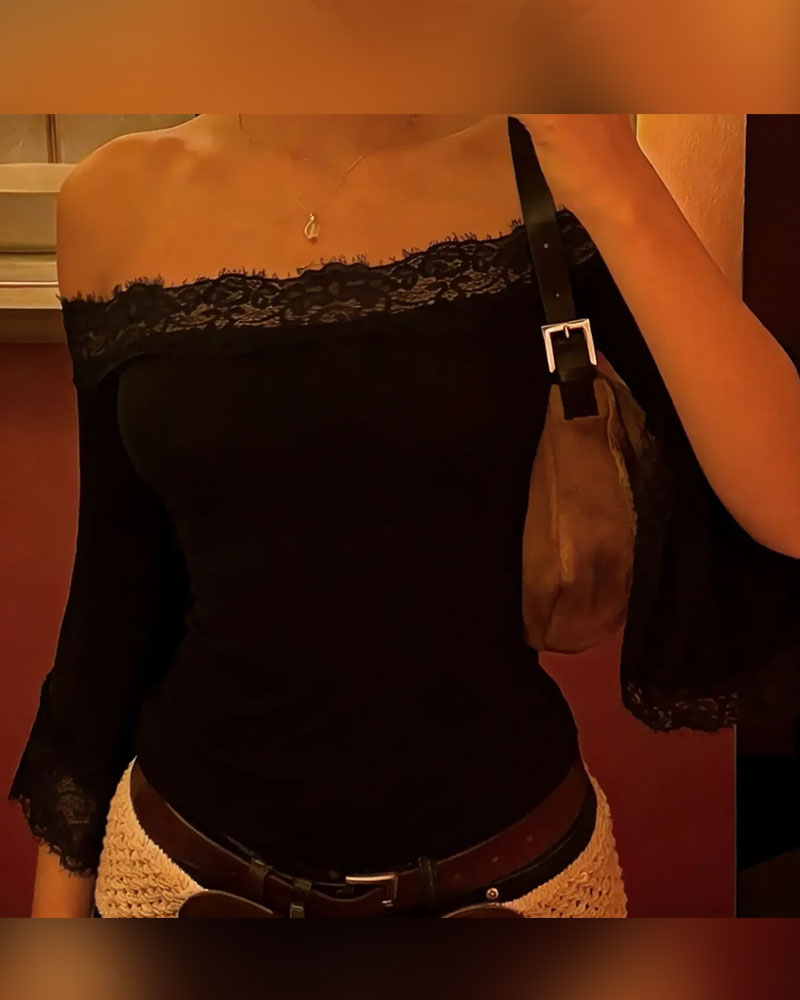 Lace Spliced Off-Shoulder Slim-Fit Top