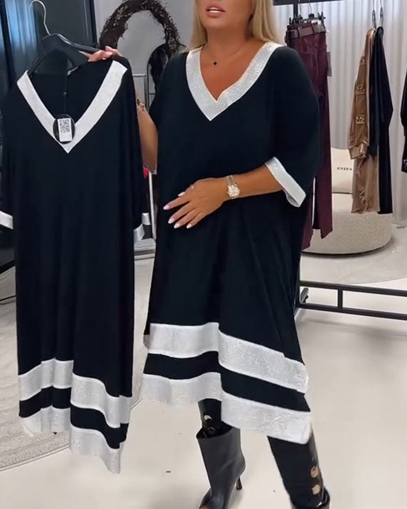 V-Neck Short Sleeve Color Block Loose Fit Dress