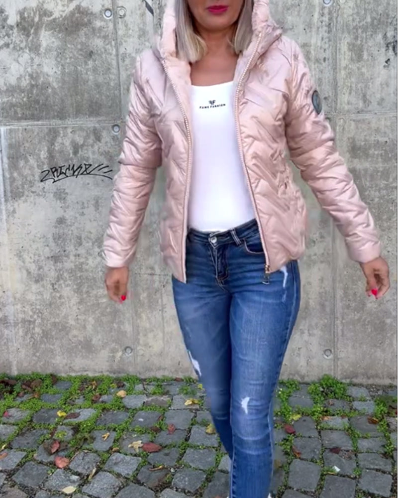 Casual solid color zipper hooded padded jacket