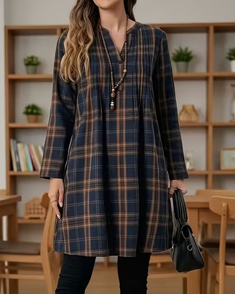 Plaid Long Sleeve A-Line Dress