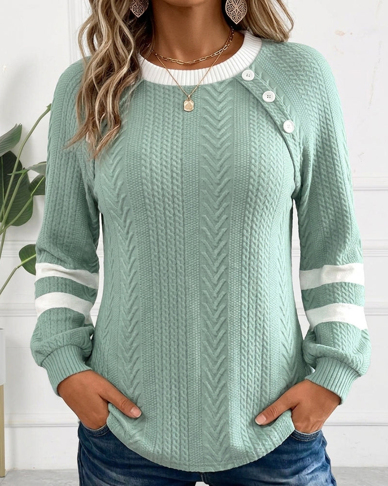 Crew Neck Button Striped Jacquard Sweatshirt