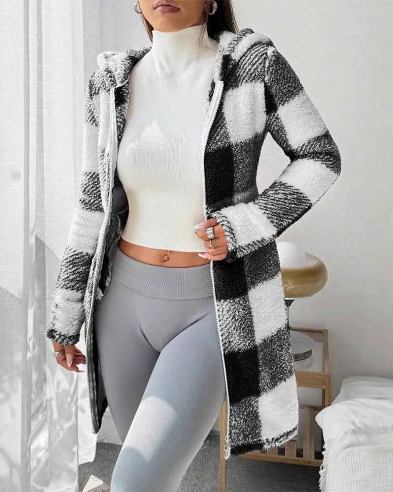 Women's Plaid Fleece Long Sleeve Hooded Coat