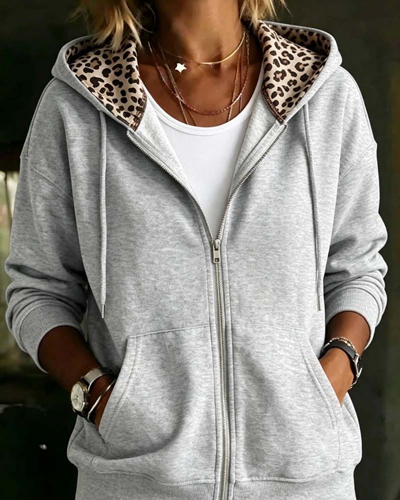 Hooded Leopard Print Zip Pocket Coat