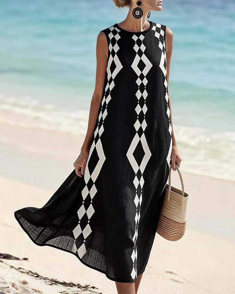 Sleeveless Diamond Pattern Loose Dress
