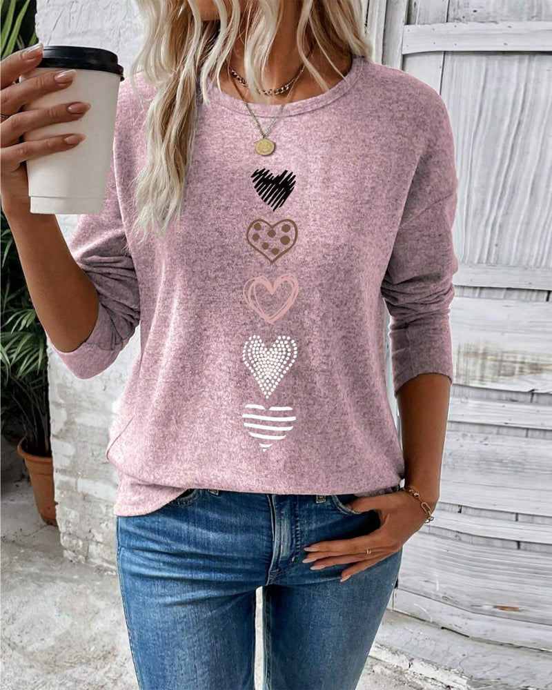 Long-Sleeved Round-Neck Love Heart Print Top