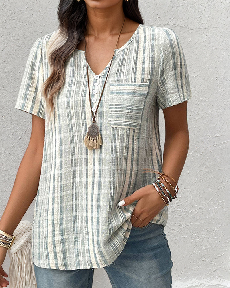 Casual V Neck Striped Plaid T-Shirt