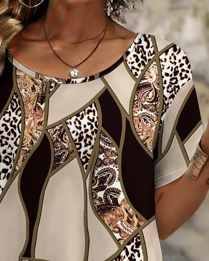 Irregular Geometric Leopard Print T-Shirt