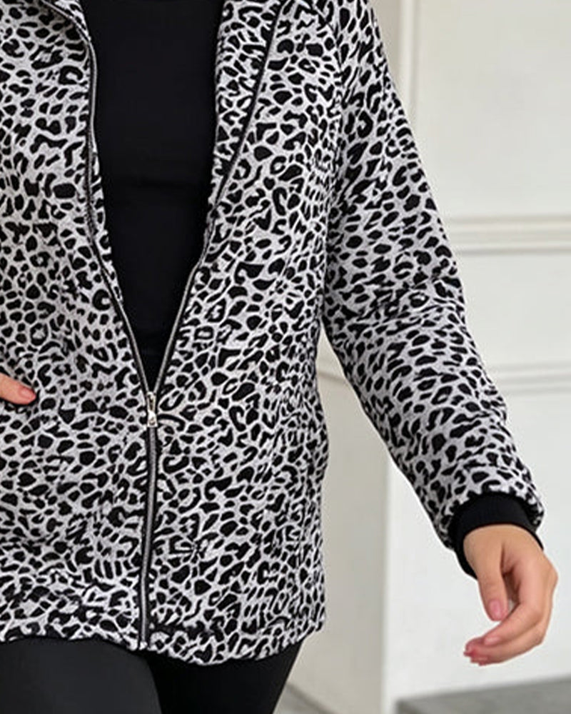 Leopard Stand Collar Zipper Coat