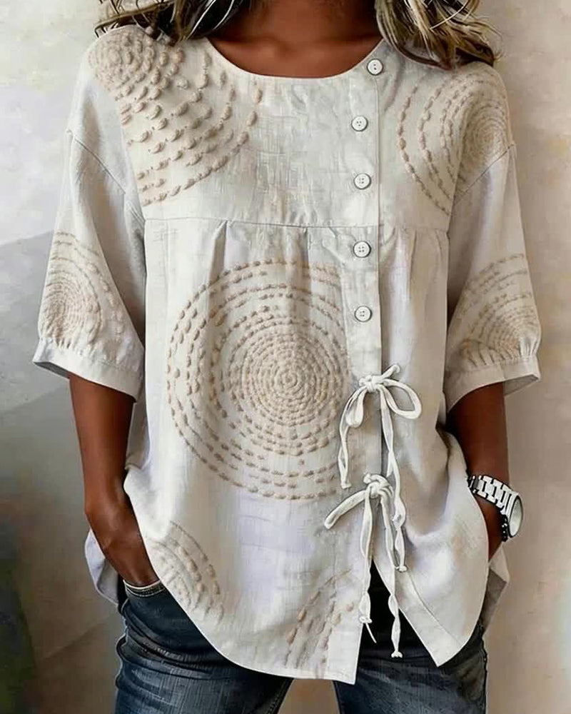 Round-Neck Loose Side-Tie Printed Blouse