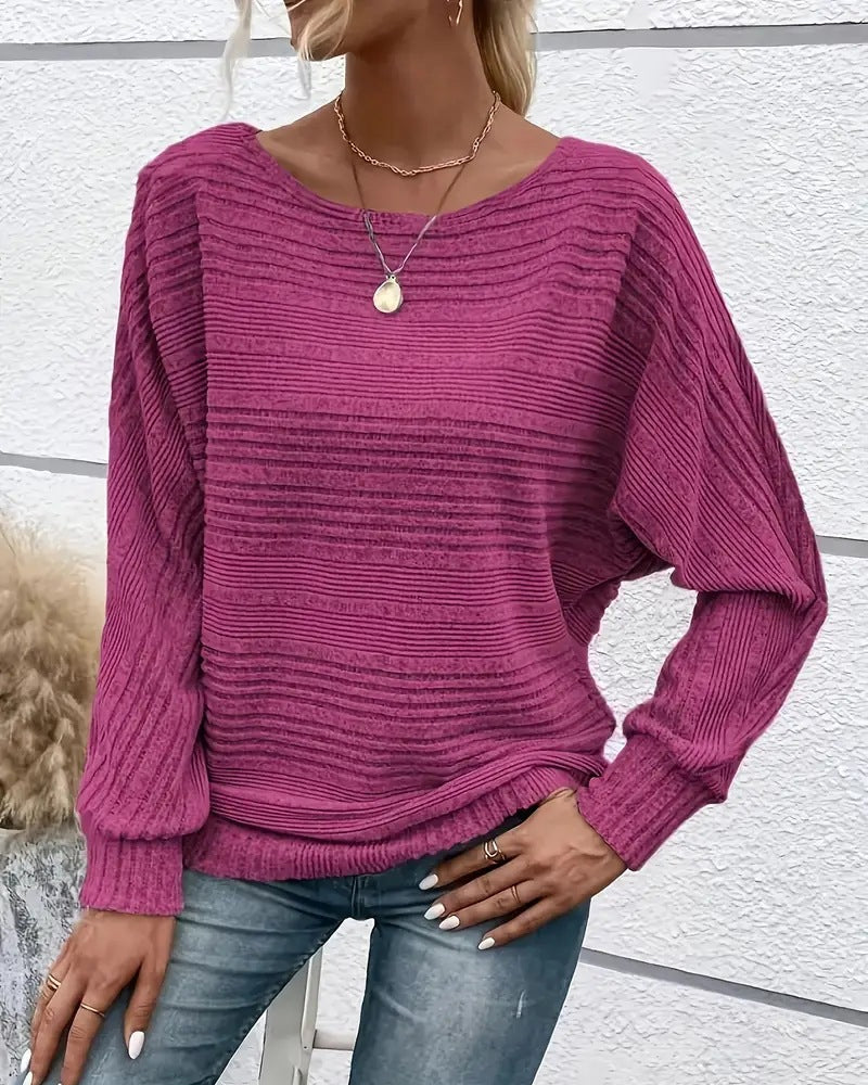 Solid Color Round Neck Long Sleeve Striped Top