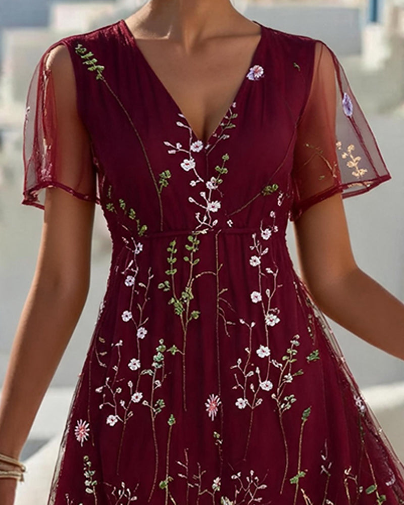 Sheer Floral Full Skirt Dress