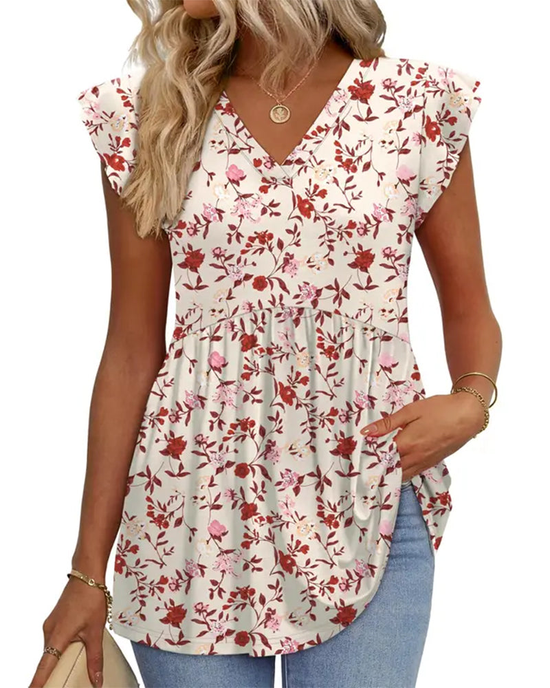 Watercolor Floral V-Neck Babydoll Blouse