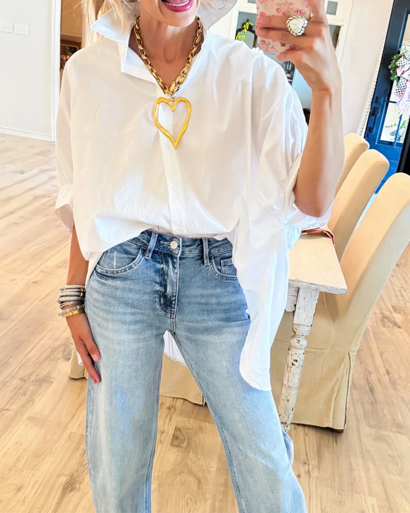 Loose-Fit Drop-Shoulder White Long-Sleeve Blouse