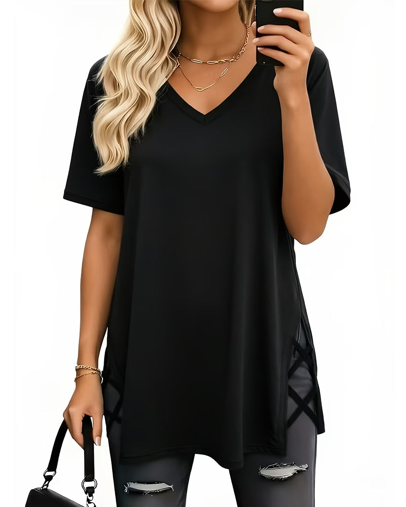 V-Neck Solid Color Simple T-Shirt