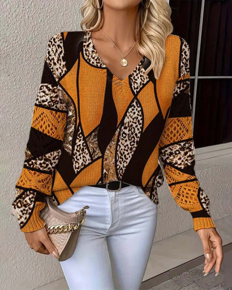 V-Neck Hollow Leopard Print Pullover