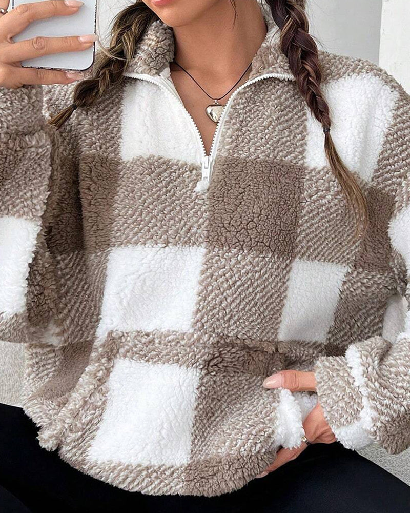 Half-Zip Stand Collar Plaid Sweatshirt