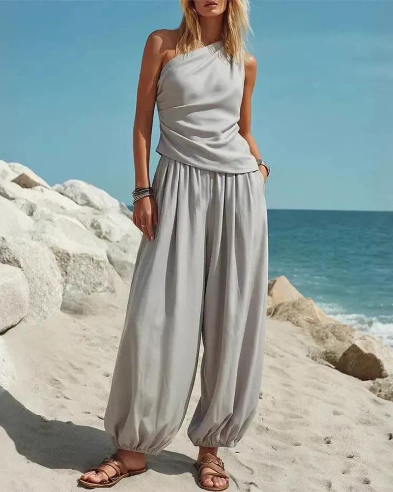 One-Shoulder Tank Top High Waist Pants Set