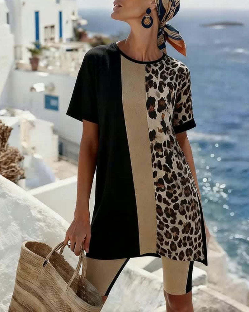 Leopard Print Color Block Irregular Quarter Pants Set
