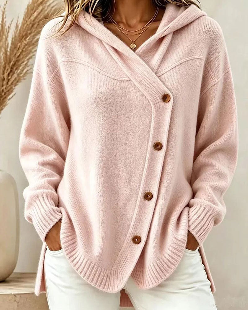 Buttoned Long Sleeve Hooded Pullover