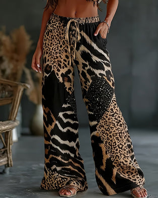 Leopard Print Patchwork Wide Leg Casual Pants