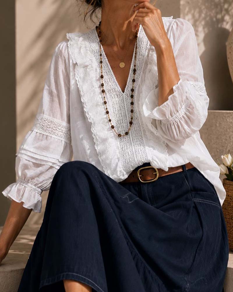 V-Neck Solid Color Lace Blouse