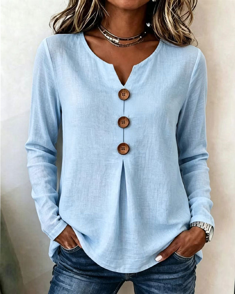 Solid Color V-Neck Buttoned Smocked Top