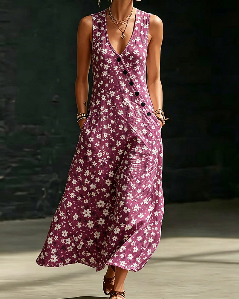 Small Floral Asymmetric Button Sleeveless Dress