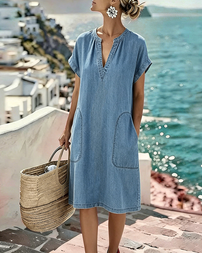 V-Neck Short-Sleeved Pockets Dress