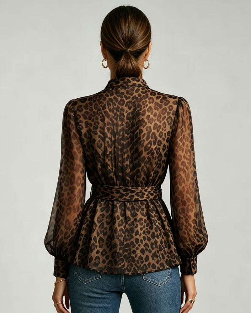 Leopard Print Stand Collar Puff Sleeve Lace Up Blouse