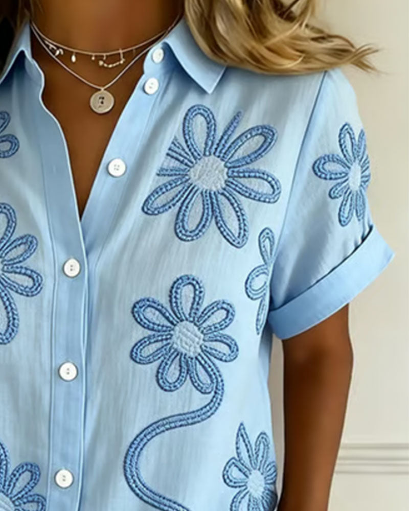 Button-Up Embroidered Short Sleeve Shirt