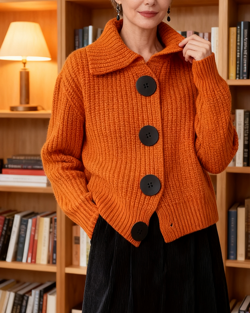 Stylish Lapel Huge Button Cardigan