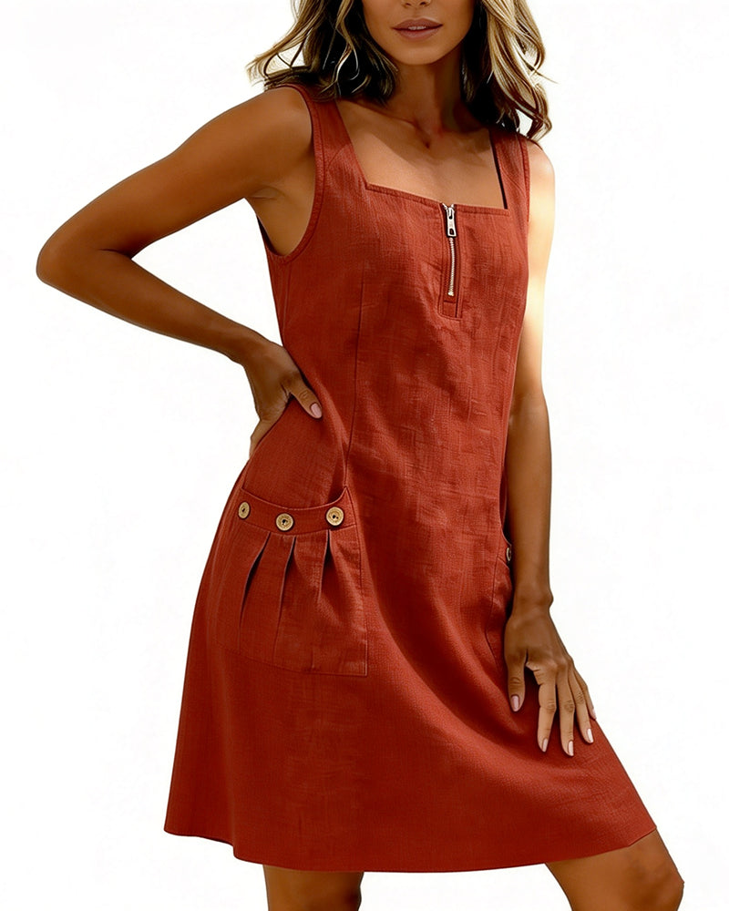 Halter Zipper Pocket Linen Dress