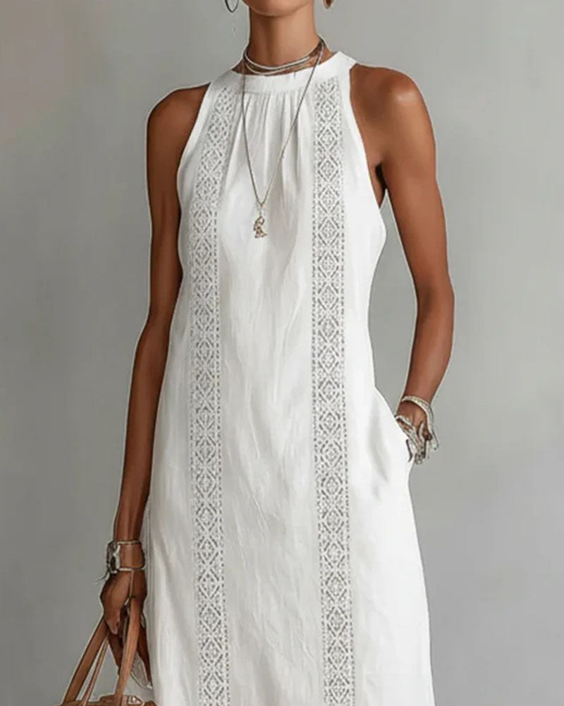 100% Cotton Sleeveless Slit Lace Patchwork Dress