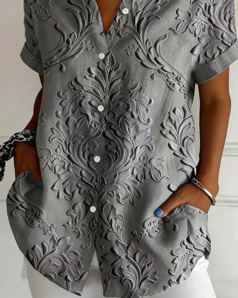Lapel Embossed Short Sleeve Shirt