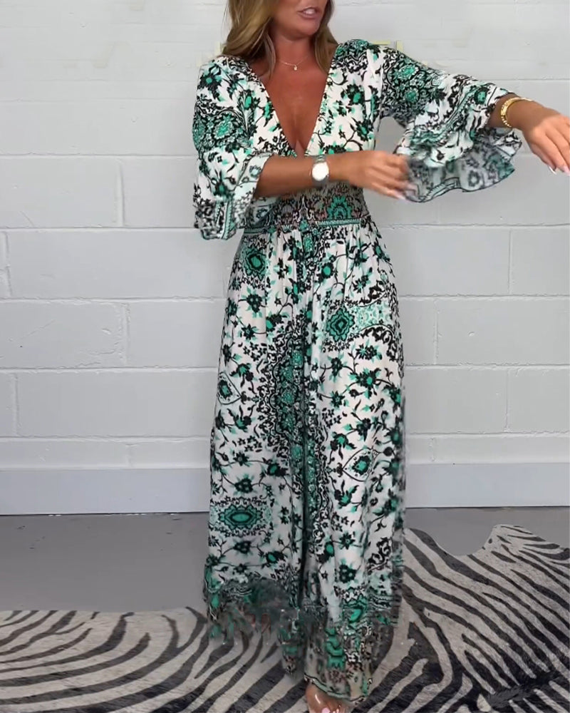 Printed deep V-neck jumpsuit
