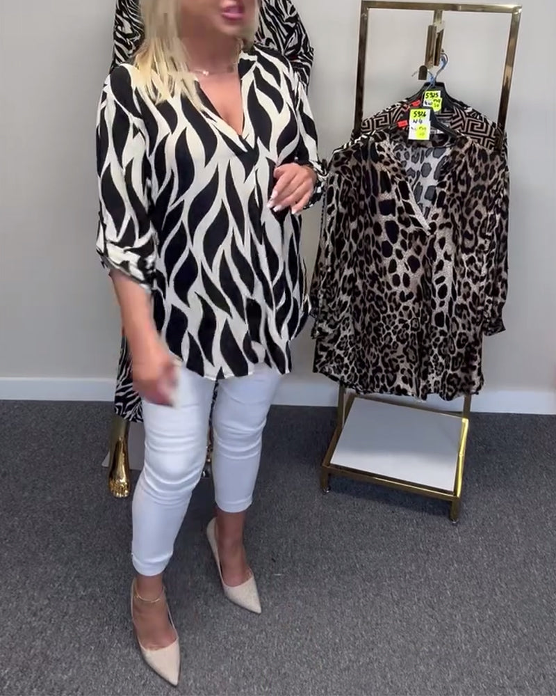 V-neck printed casual blouse