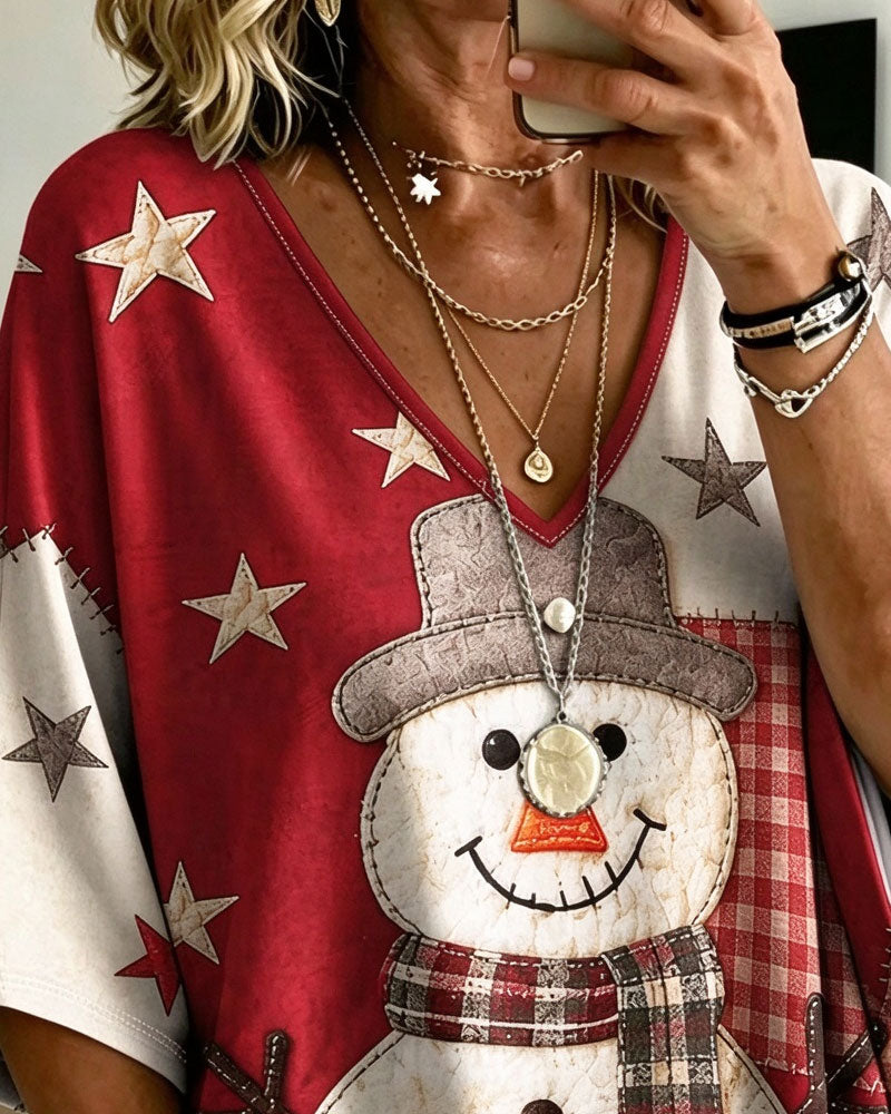 Christmas Snowman Print V-Neck Half Sleeve T-Shirt