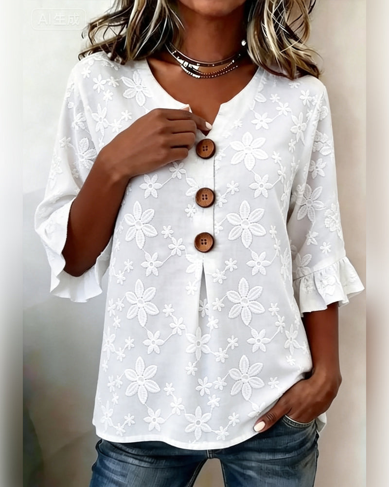 Ruffled Bell Sleeve Daisy Jacquard Blouse