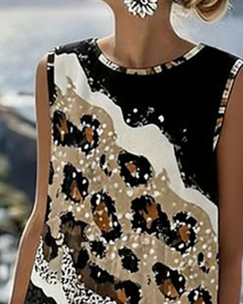 Leopard-Print Patchwork Sleeveless Maxi Dress