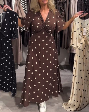 Polka-Dot Twist V-Neck Long Dress
