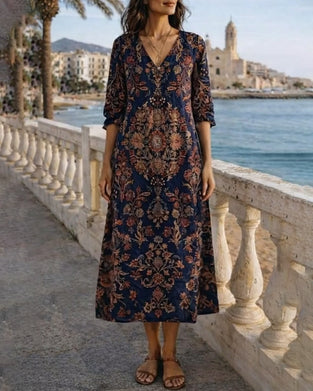 V-Neck Retro Print Maxi Dress