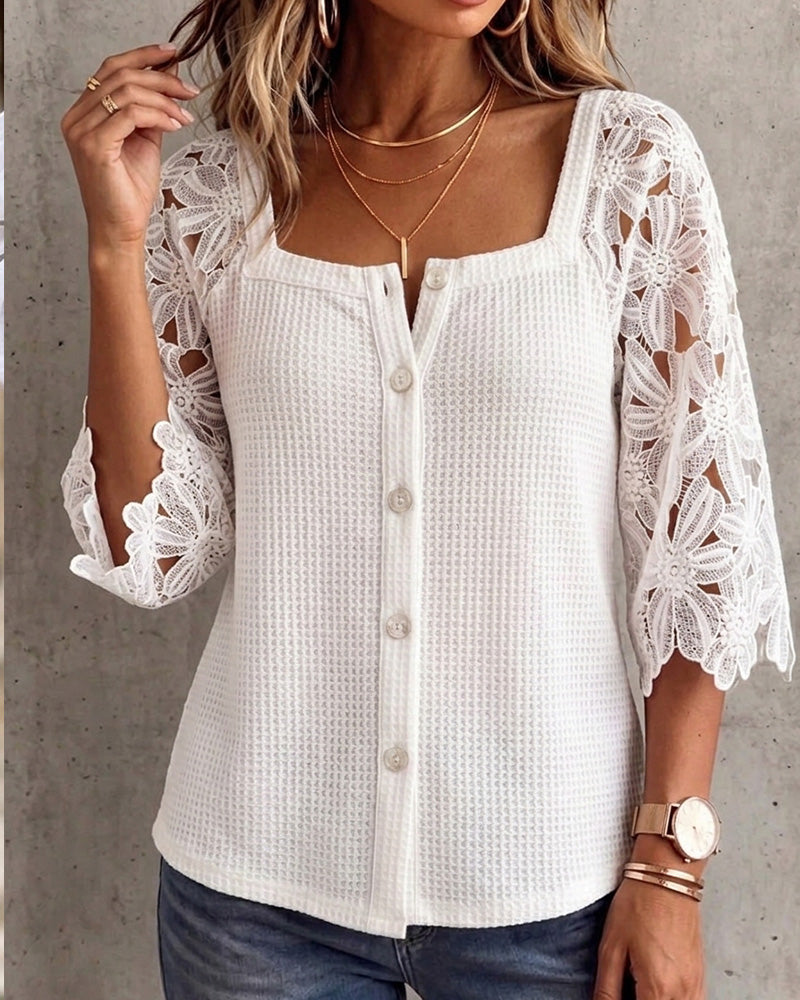 Lace Panel Waffle-Knit Button-Front Blouse