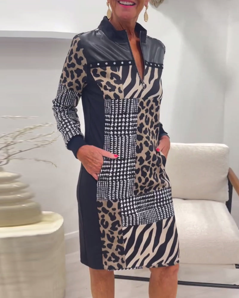 Stylish leopard print patchwork zipper pocket dress